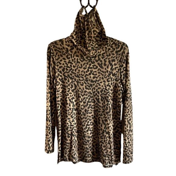 Bobeau Top Cowl Neck Built In Face Cover Black Tan Taupe Animal Print Small - Picture 9 of 11